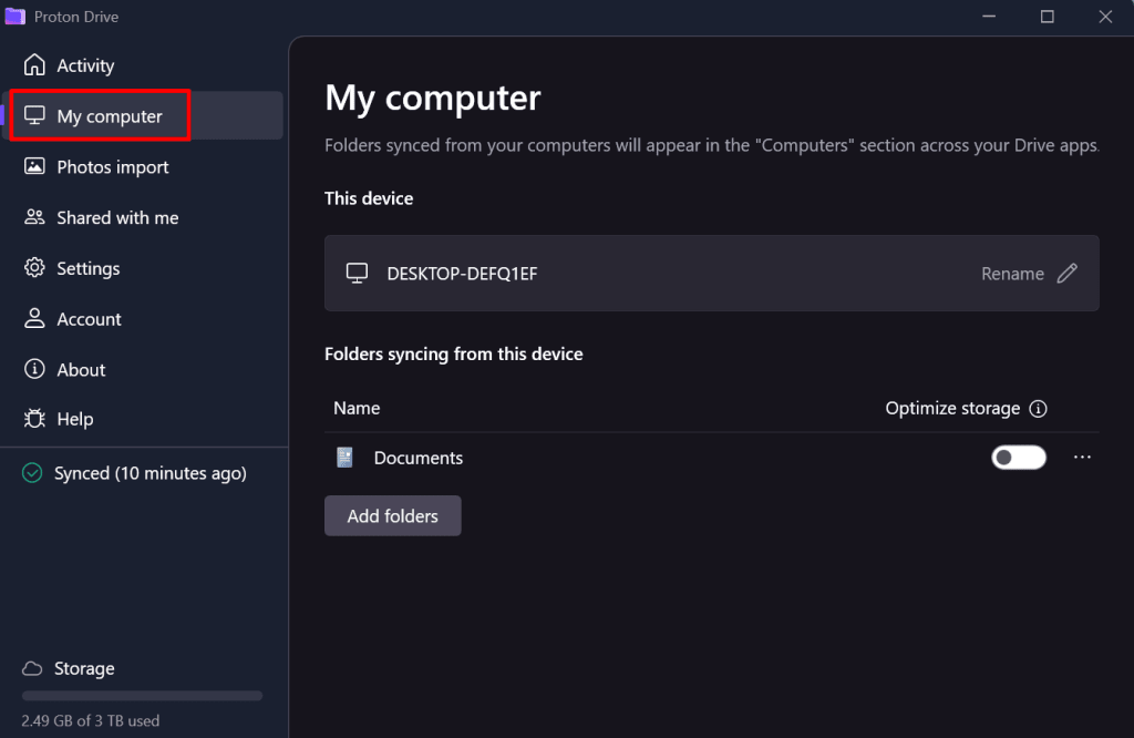 The My computer tab in the Proton Drive desktop app for Windows