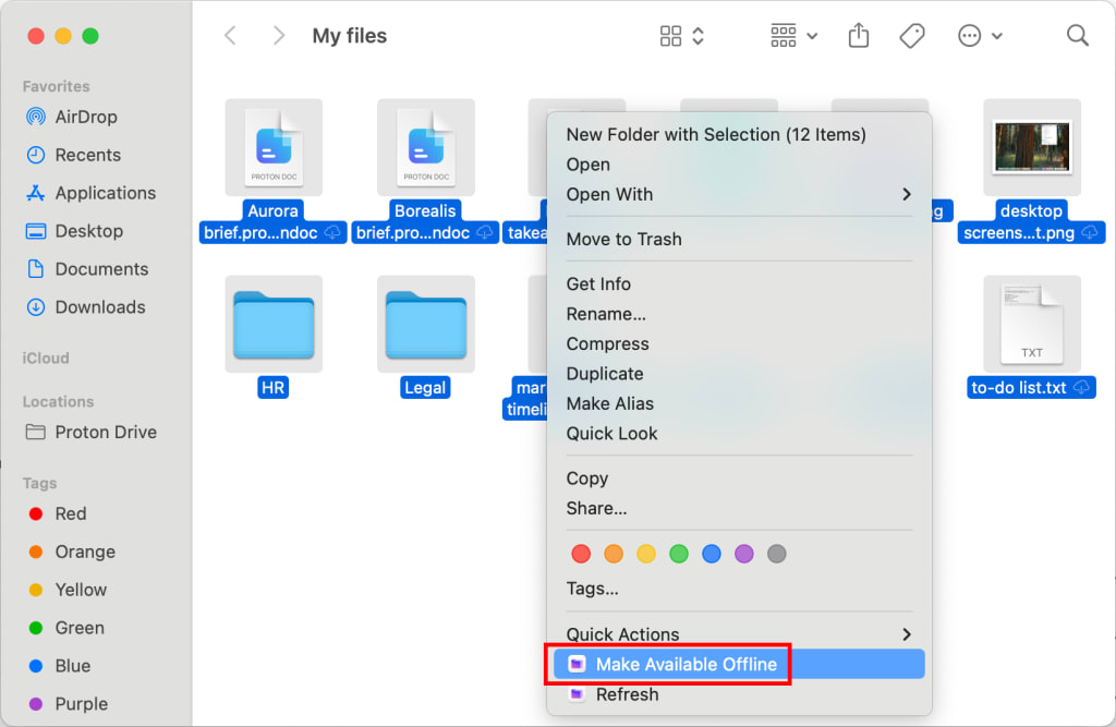 The Proton Drive app for macOS shows how to make files and folders available offline