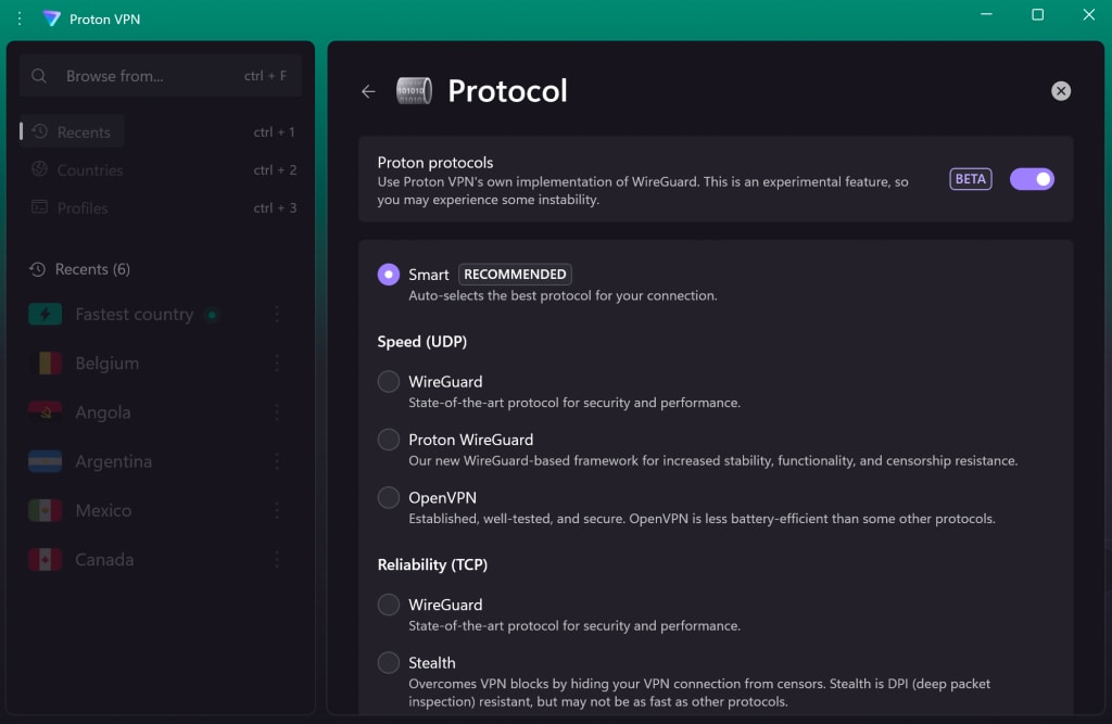 Choose Windoes VPN protocols, including Proton Protocols