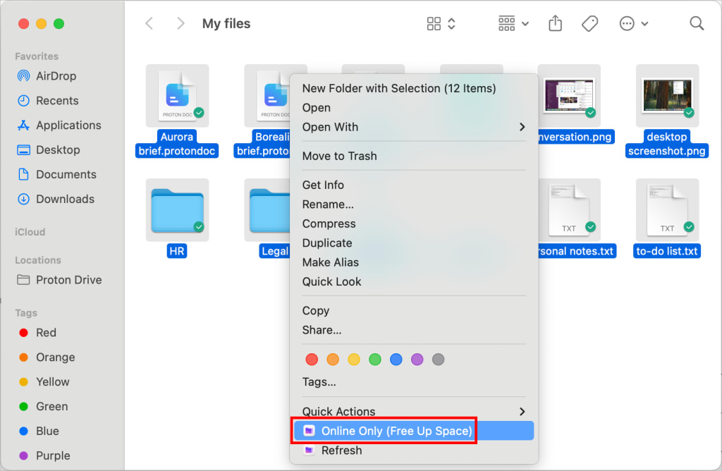 The Proton Drive app for macOS shows how make files online only and free up local disk space