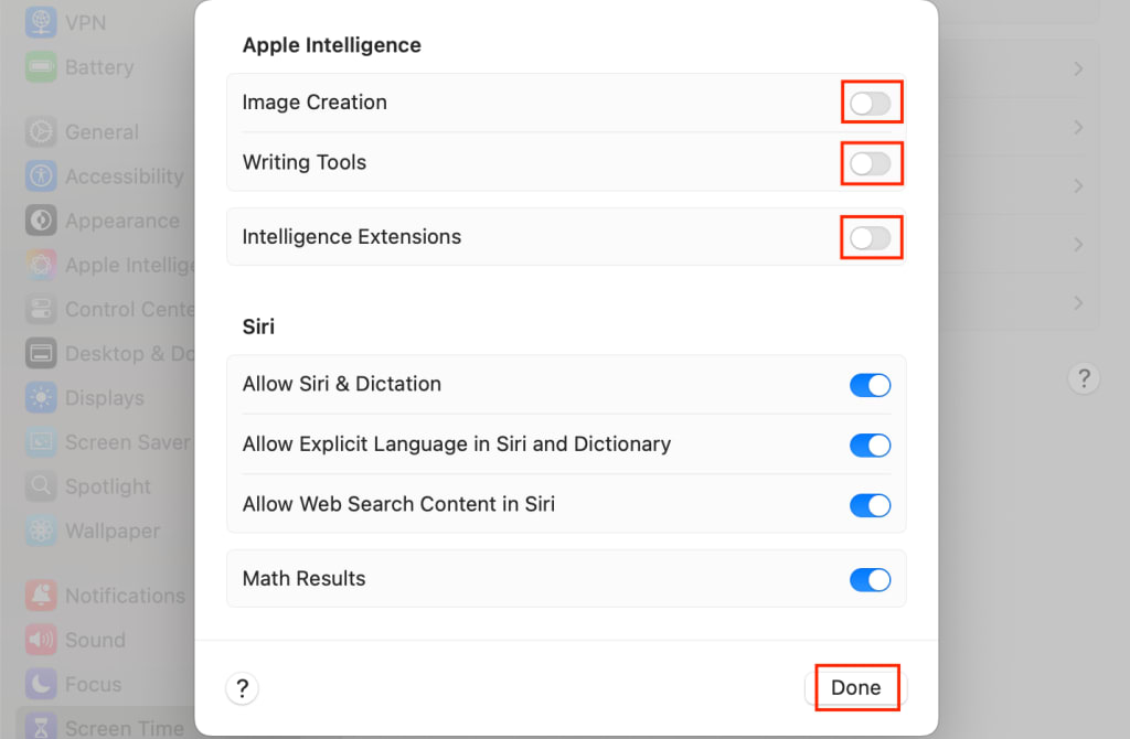 Apple Intelligence feature toggles on Mac's Screen Time