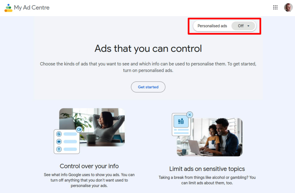 Turn off personalized ads in Google's My Ad Center