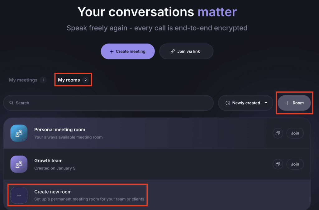 Create a new room using the Proton Meet desktop or web app