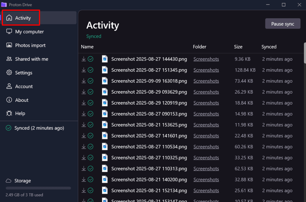 The Activity tab in the Proton Drive desktop app for Windows