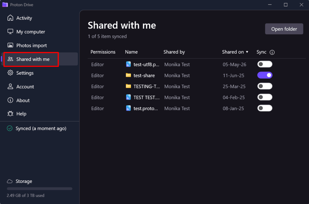 The Shared with me tab in the Proton Drive desktop app for Windows