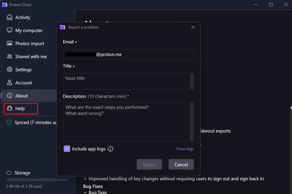 Help tab of the Proton Drive Windows app.