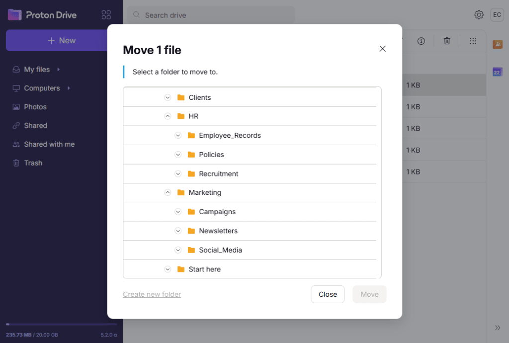 Proton Drive shows a folder structure