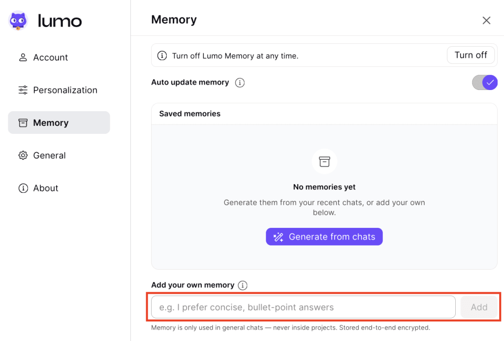 Lumo Memory settings screen with the editable field under "Add your own memory" highlighted.