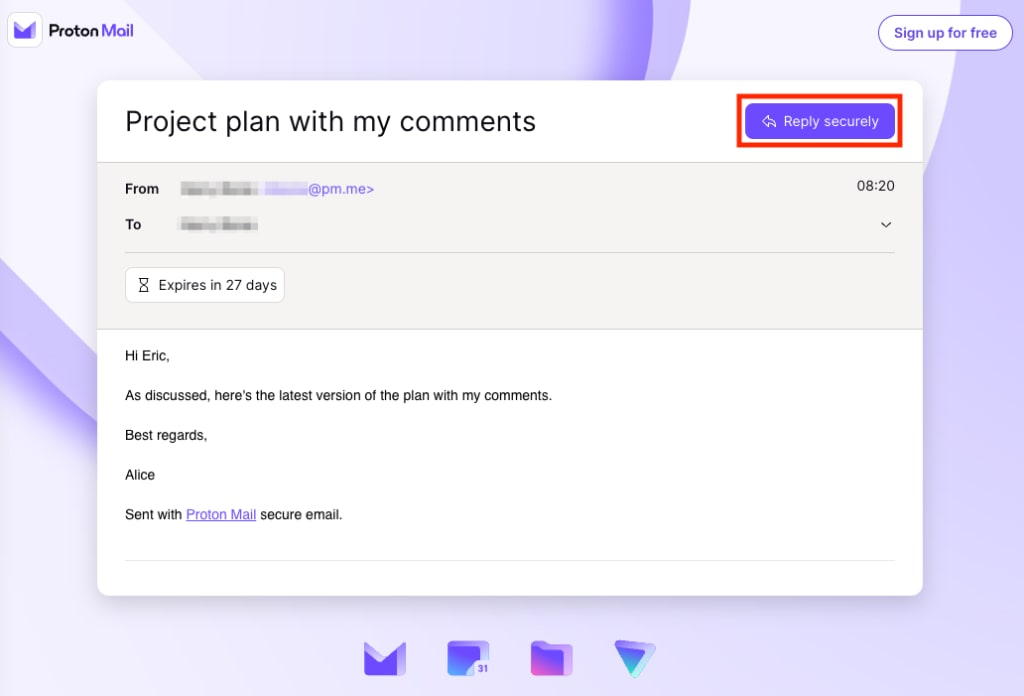 Reply securely button in a Proton Mail password-protected email