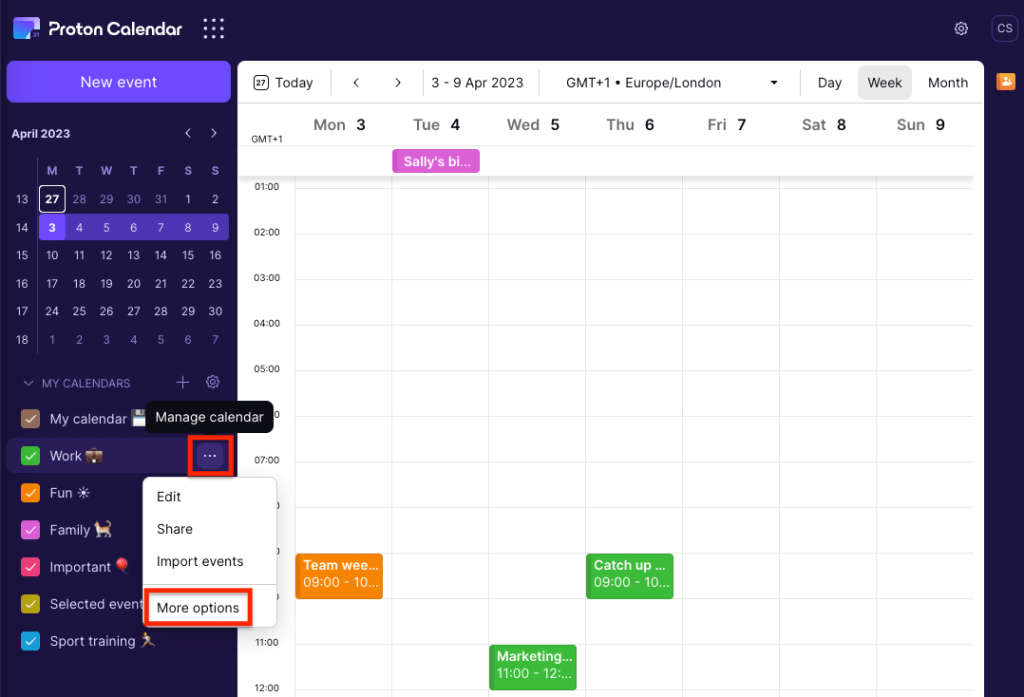 More options in the manage calendar menu