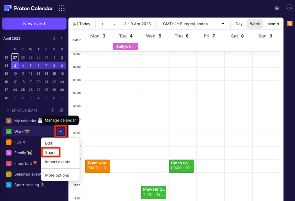 Share option in Manage calendar menu