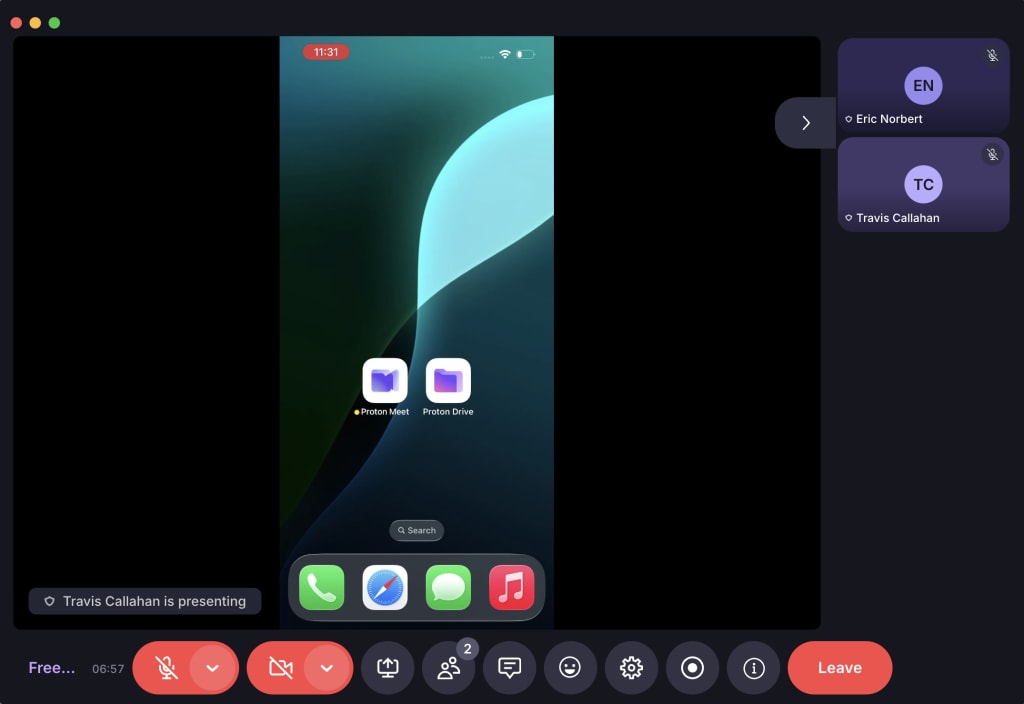 The Proton Meet app for iPhone and iPad shares the entire screen while broadcasting