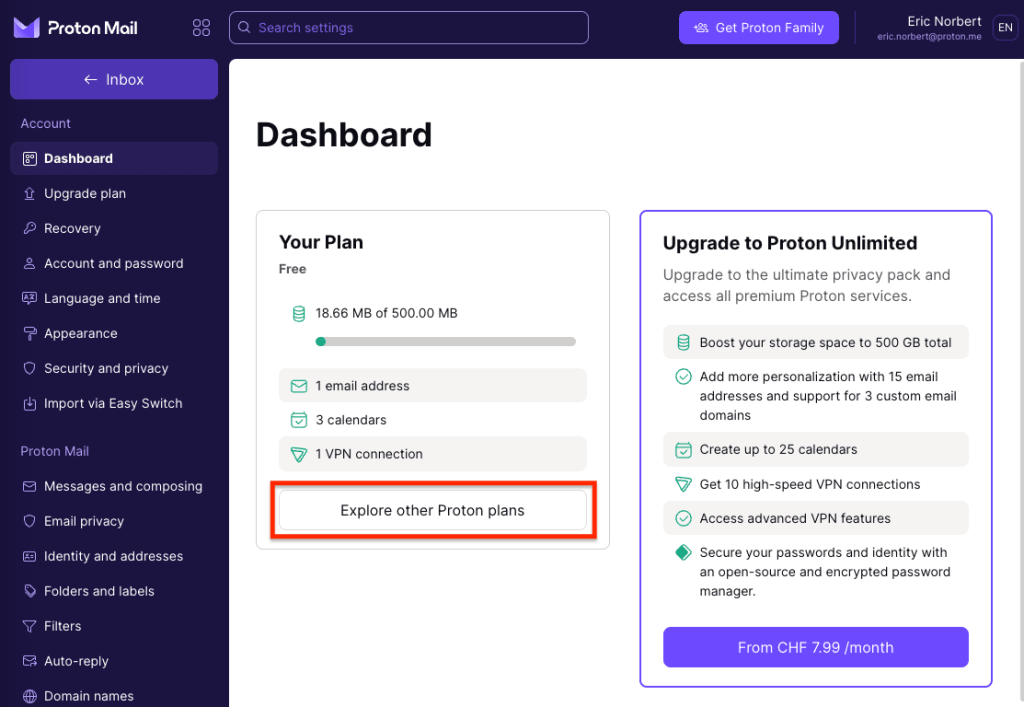 Explore other Proton plans button