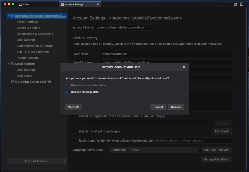 Screenshot of Removing Account and Data in Thunderbird.