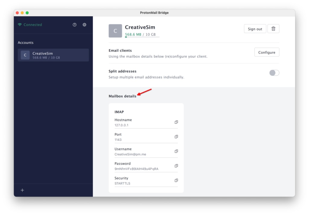 Your Proton Mail Bridge account details