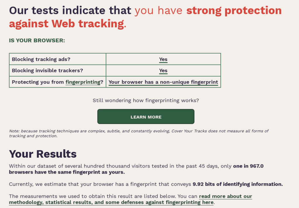 Cover your tracks showing "Your browser has a non-unique fingerprint"