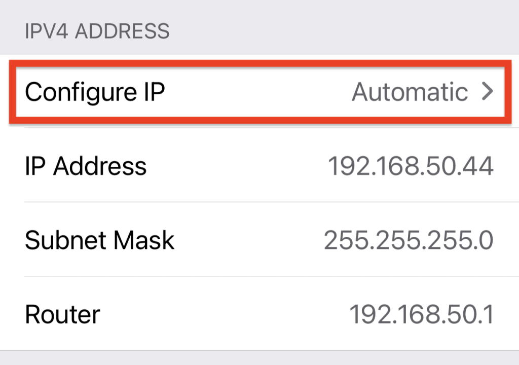 iOS Settings showing the Configure IP option to change your iPhone's IPv4 address manually