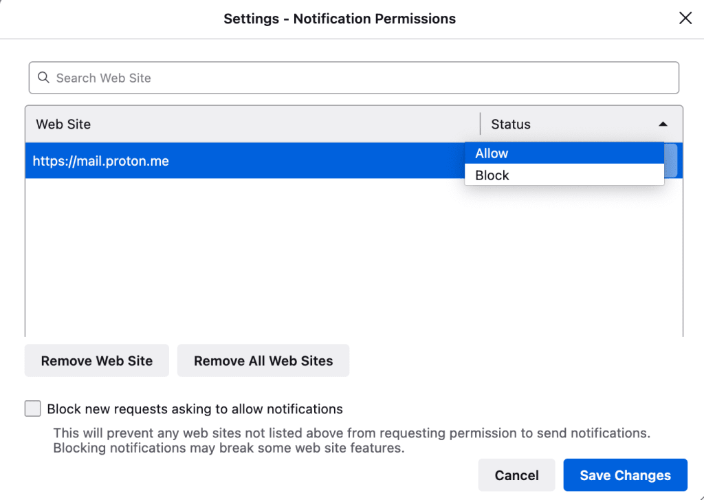 Notification settings in Firefox