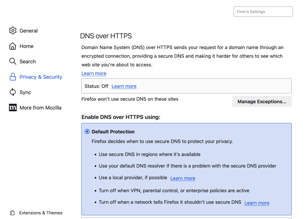 Private DNS mode is enabled by default in the Firefox browser