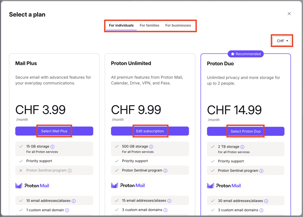 Select a Proton plan
