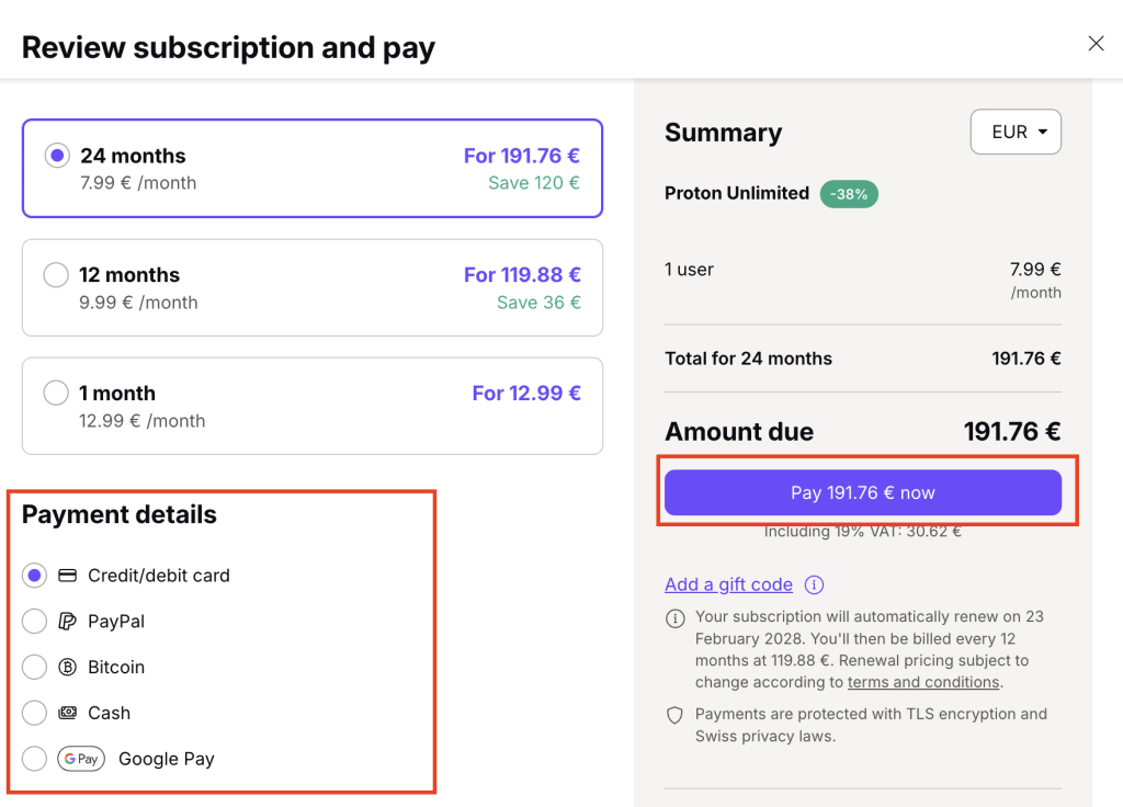 Making changes to your Proton VPN subscription 5
