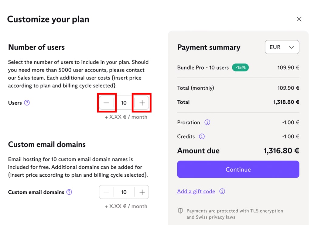 Box to increase or decrease the number of users