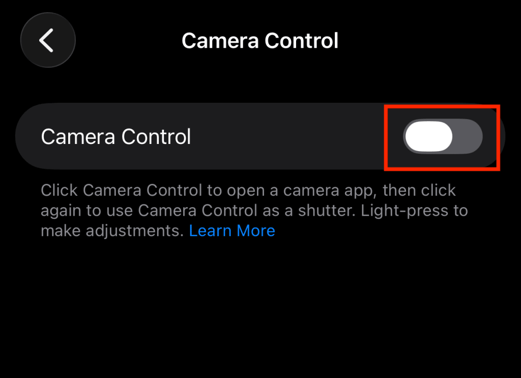 Toggle to disable camera control on iPhone