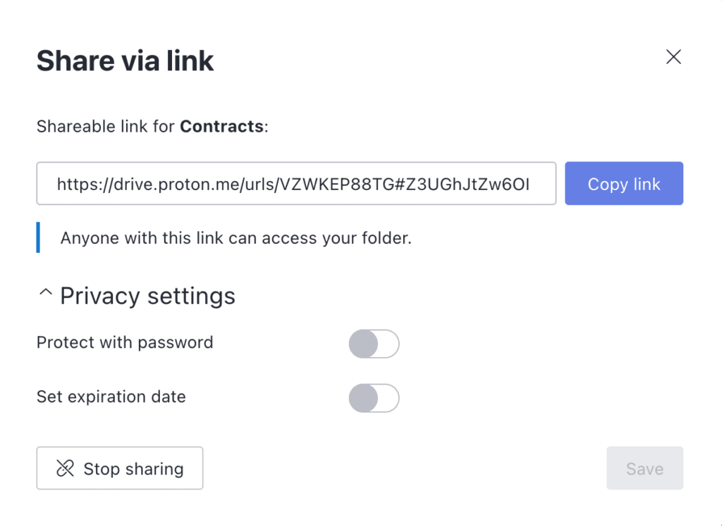 Share via link window in Proton Drive
