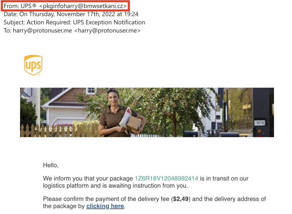 Email spoofing example: a fake UPS message with a spoofed display name