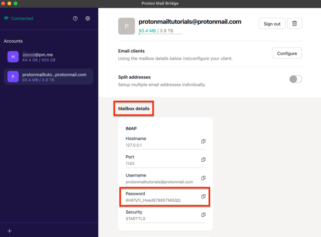 Proton Mail Bridge mailbox details showing the Bridge password field