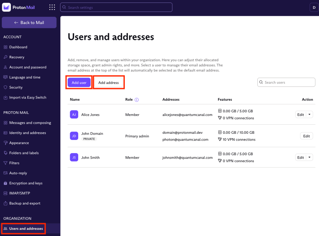 Add user and add address buttons