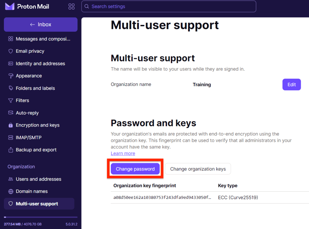 Change password button to change your organization password