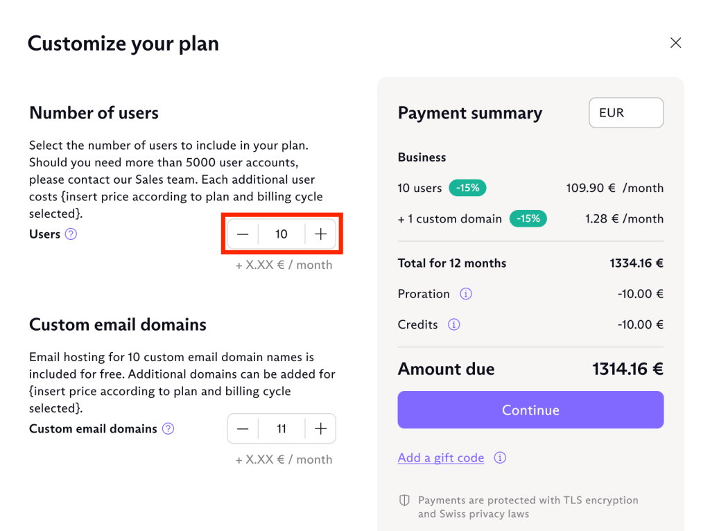 Box to change the number of users in your plan