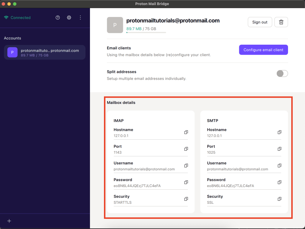 Proton Mail Bridge Mailbox details section