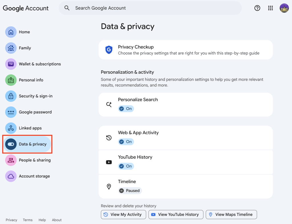 The Google Account page highlights the Data & Privacy section