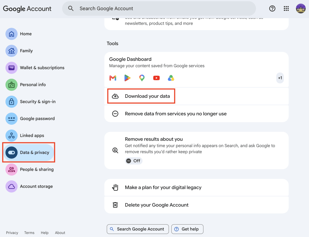 The Google Account page highlights the Download your data setting