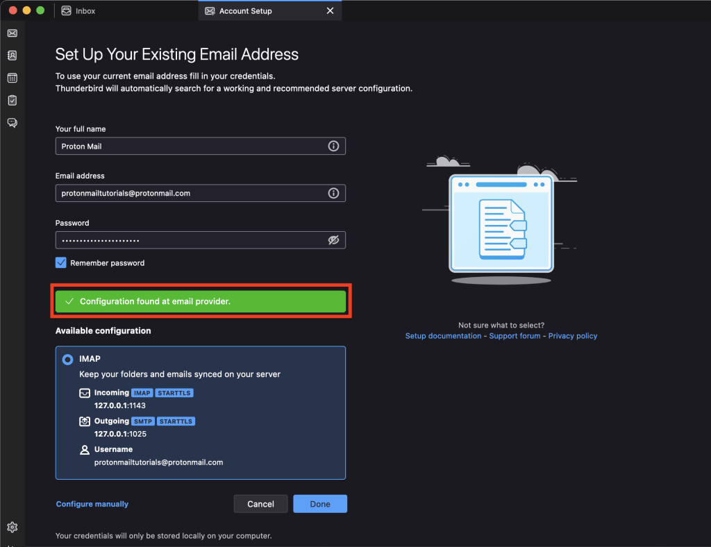 Configuration found at email provider message showing that Thunderbird has automatically found the correct information for Bridge