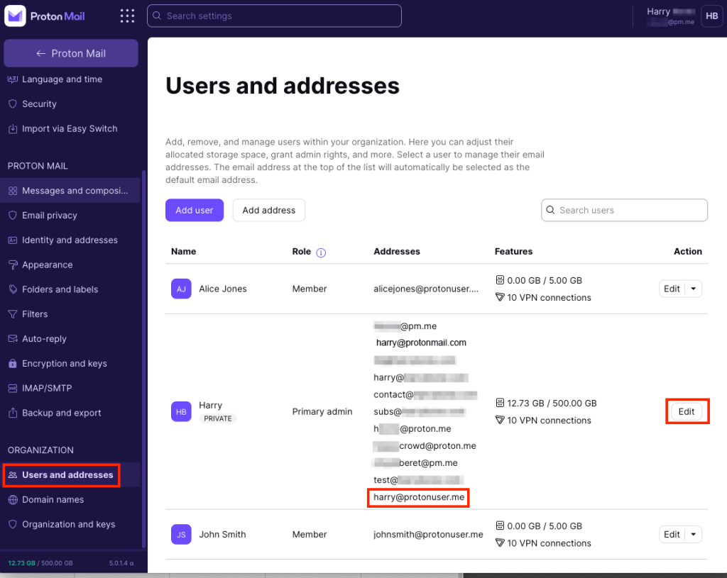 Primary admin edit user button