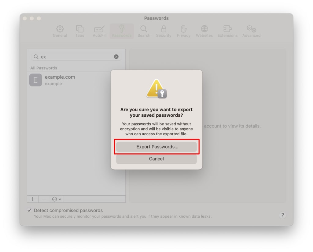 Conform that you wish to export your passwords