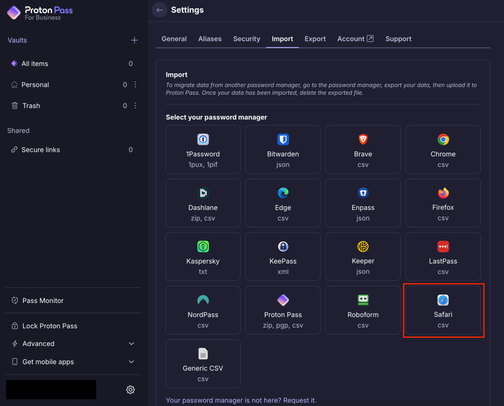 Proton Pass shows the "Import" menu and highlights the "Safari" option