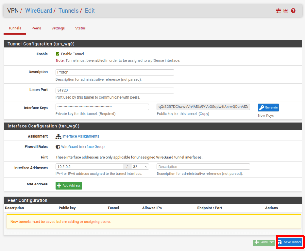 Create a new WireGuard tunnel