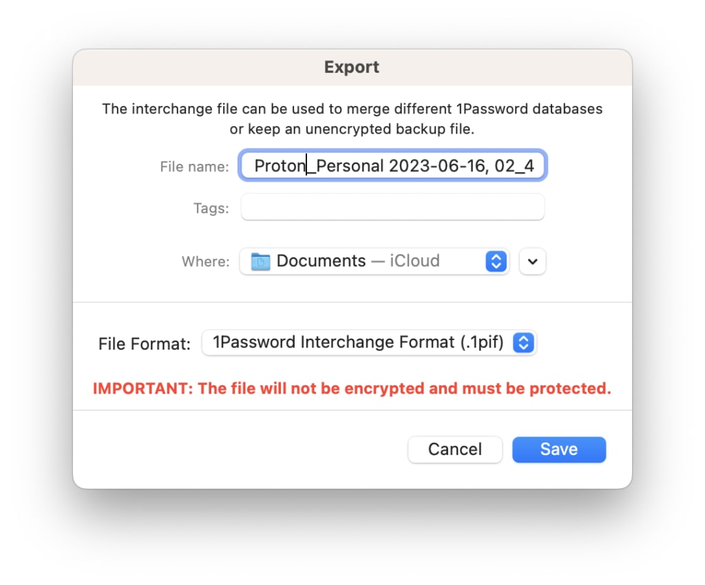 Choose where to export the 1PIF file