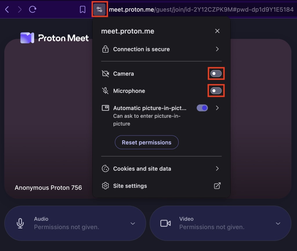 Allow microphone and access permissions to the Proton Meet web app
