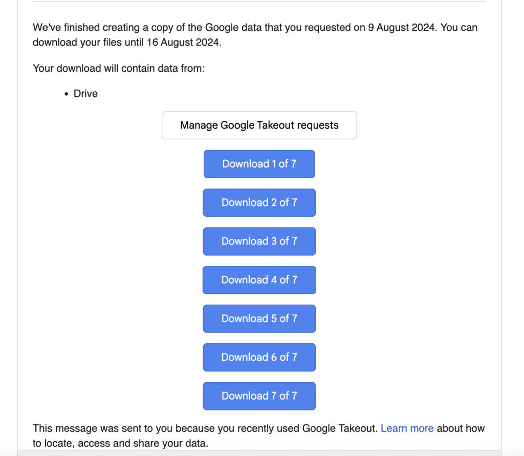 A screenshot of a list of downloads from Google Takeout