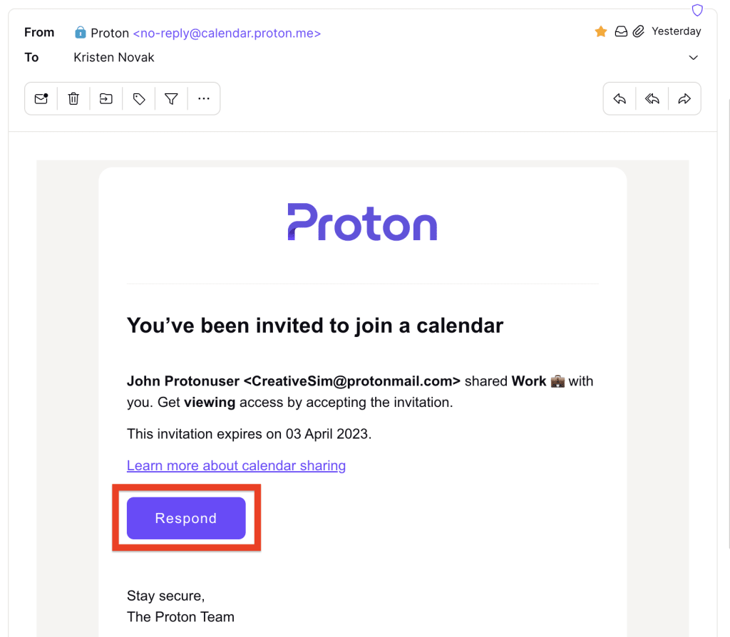 Email inviting you to join a calendar with a Respond button so you can reply