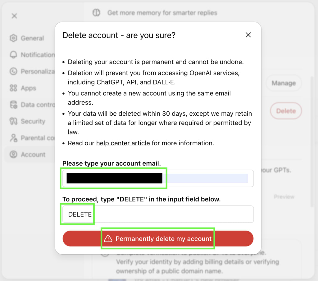 The ChatGPT web app asks for confirmation before deleting your OpenAI account