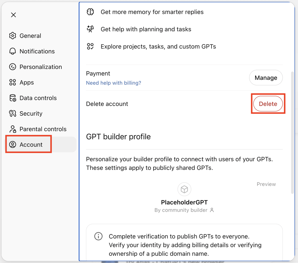 The ChatGPT web app highlights the account deletion button in settings