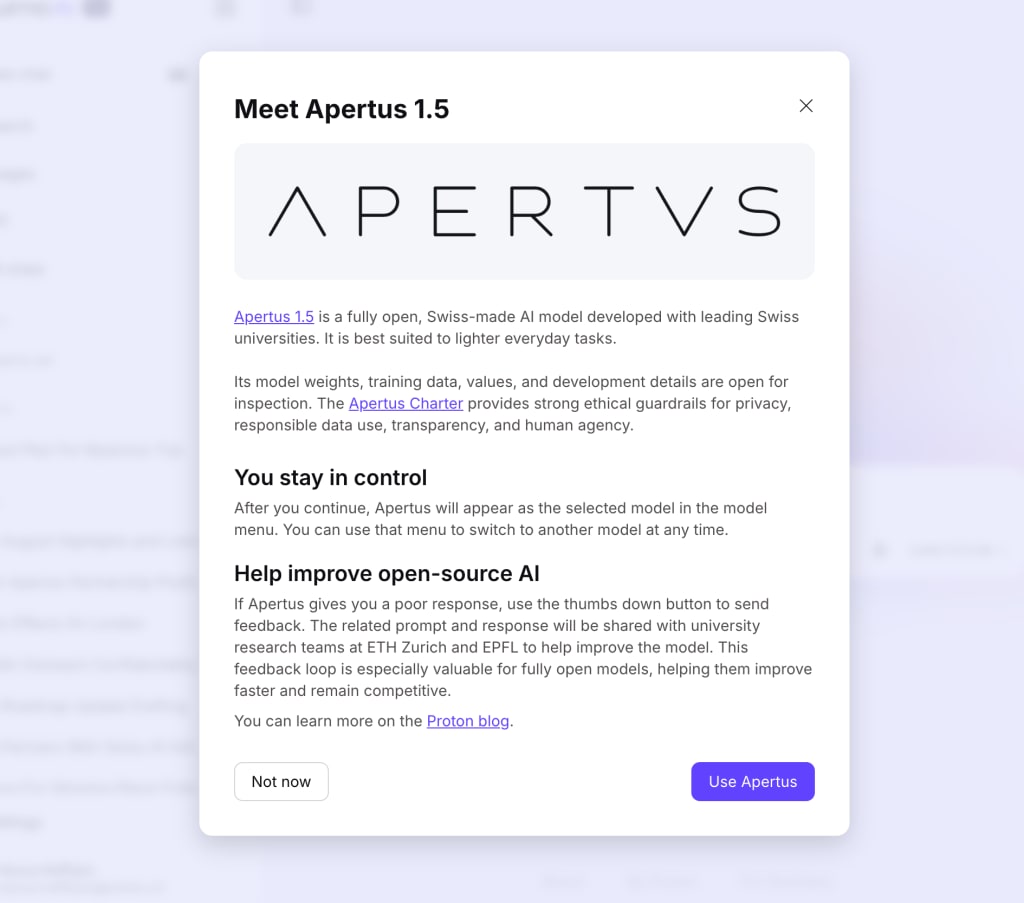 Screenshot of introduction text for Apertus 1.5 in Lumo.