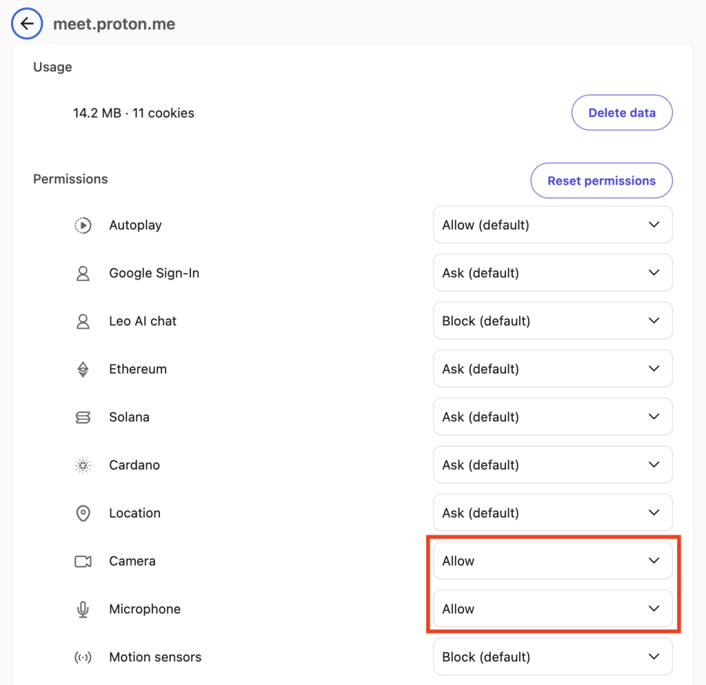 Allow camera and microphone in browser settings for the Proton Meet web app
