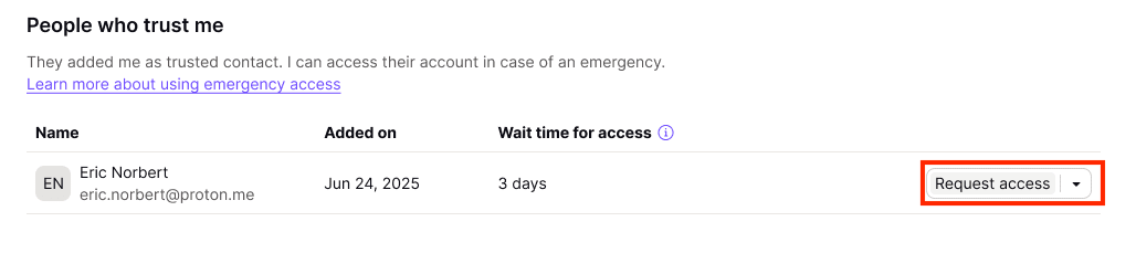 Screenshot of the process to request access to someone else's Proton Account in an emergency